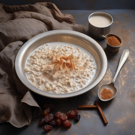 a bowl of oatmeal with raisins and a spoon is placed on a vibrant and colorful background. the photo is captured in the style of vray tracing, showcasing orientalist scenes and installation-based art. the ambiance is serene and peaceful, with a touch of raw authenticity. the hyper-realistic details transport you to the era of 500-1000 ce. ai generatedの素材