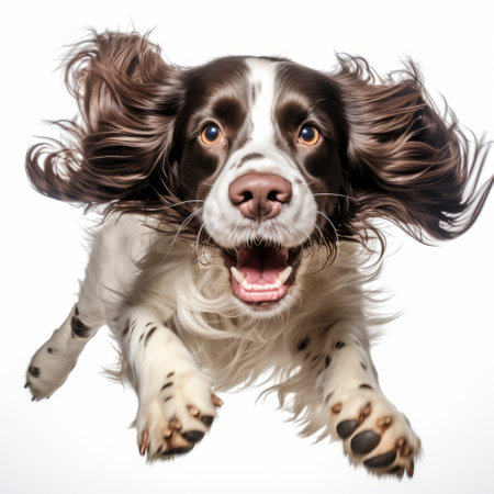 springer spaniel dog jumping captured in the style of object portraiture specialist, john wilhelm. the photograph showcases swirling vortexes and an expressive character design. shot at iso 200, this close-up image by serge marshennikov beautifully captures the energy and agility of the springer spaniel. ai generatedの素材