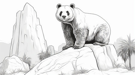 a panda bear perched on a rock amidst a backdrop of trees. this detailed sketch captures the essence of the panda's features with high realism. the use of trace monotone technique adds a sleek and eastern brushwork touch to the image. the photo is reminiscent of the style of ferrania p30 film. ai generatedの素材