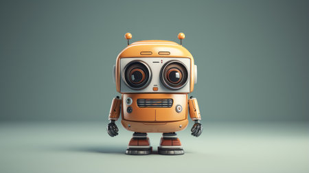 3d orange robot with red eyes on a light gray background, featuring a vintage cinematic look. the image showcases a combination of light green and dark amber tones, with a lensbaby effect adding a unique touch. the innovative page design incorporates elements inspired by the argus c3 camera. the robot is made entirely of the aforementioned materials, resulting in a captivating full-body composition. ai generatedの素材
