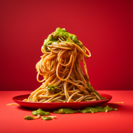 plate of pasta on red surface covered in sauce, in hyperrealistic style. light green, angura kei, national geographic photo captures twisted, bombacore, dramatic composition. ai generatedの素材