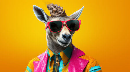 a male deer in modern punk fashion attire, sporting a surreal and exaggerated hairstyle, is captured in this photo. the deer is seen laughing uproariously, with smoke surrounding it. the image showcases tattoos and piercings, while its eyes are closed in extreme happiness. the vibrant colors reminiscent of wes anderson films, along with a retro striped background, create an advertising-like effect. the photo is illuminatedの素材