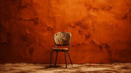 a chair sits in front of an open wall in an orange interior, reminiscent of post-apocalyptic backdrops. the textured background adds depth to the scene, resembling the art of tonga. the brown, creased, crinkled, and wrinkled elements give a weathered appearance, reminiscent of jean restout the younger's style. this national geographic photo captures a unique and intriguing atmosphere. ai generatedの素材