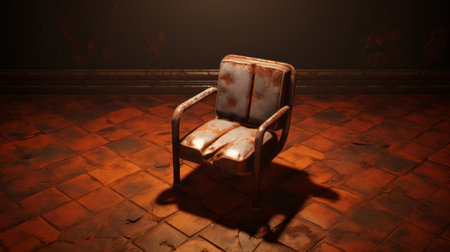 a rusty chair illuminated by soft light is depicted in this image, rendered in maya. the chair exudes a satirical tone with its deconstructive and terracotta elements. the use of global illumination enhances the realistic color schemes, creating a visually captivating composition. ai generatedの素材