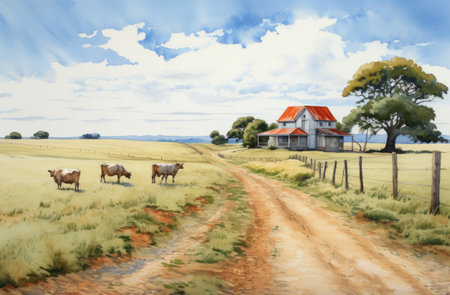 a watercolor painting depicting a romanticized australian landscape, rendered in hyper-detailed and realistic style using maya software. the artwork showcases the beauty of the countryside, with vibrant hues of white and orange. the use of the carl zeiss distagon t 15mm f/2.8 ze lens adds depth and clarity to the composition. created by the talented artist eiichiro oda. ai generatedの素材