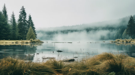 a serene lake enveloped in a mystical fog, surrounded by towering grass and trees. this captivating photograph captures the essence of layered and atmospheric landscapes, with its light aquamarine and gray tones. inspired by the works of emily carr, this panorama showcases the beauty of nature through the lens of documentary travel photography. enhanced by post-processing techniques, it was taken using the tokina at-x 11-16mmの素材
