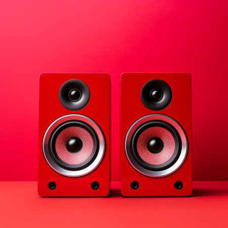 two unconnected speakers in red and magenta colors, set against a matte background. this artwork, inspired by the tongan culture and foampunk aesthetic, showcases minimalist still lifes. the use of back button focus technique by photographer caras ionut adds depth and detail to the composition. ai generatedの素材