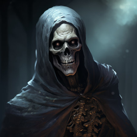 a skeleton rests upon the grave of your enemy in a castle, depicted in hyper-realistic portraiture style. this 2d game art showcases voidcore elements with detailed character illustrations. the eerie realism of the skeleton's features and strong facial expression adds to the wizardcore aesthetic. ai generatedの素材