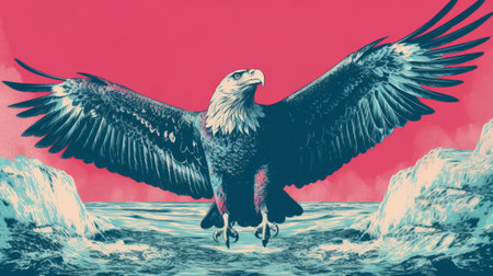 an eagle flying in the air is depicted in this poster, showcasing crisp neo-pop illustrations. the artwork is hyper-detailed, with a color palette of dark cyan and light crimson. the panoramic scale captures transfixing marine scenes, while symbolizing iconic american imagery and promoting environmental activism. ai generatedの素材
