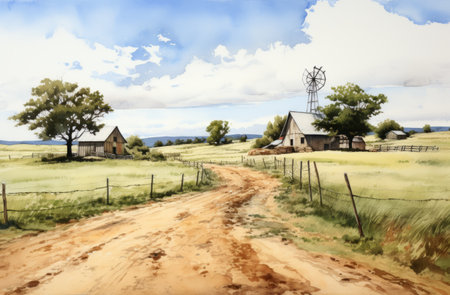 a stunning watercolor painting captures a farm scene with a windmill and a winding path. the artwork showcases a minimalist ink wash style, reminiscent of winslow homer and jeff danziger's works. the panoramic view impresses with its realistic hyper-detail, while the blue skies add a touch of realism. the characterful pen and ink technique brings the entire composition to life. ai generatedの素材