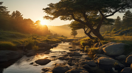 a stunning sunrise illuminates a picturesque field, reminiscent of romantic riverscapes, mountainous vistas, and japanese photography. the scene captures the essence of mediterranean landscapes and whimsical wilderness, with the luminosity of water adding an ethereal touch. the trees stand tall, creating a captivating and serene atmosphere. ai generatedの素材