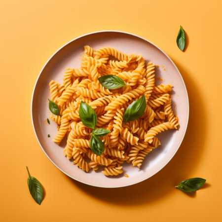 homemade italian pasta with basil and garlic, beautifully presented on a plate against a vibrant yellow background. this hyper-realistic image captures the exacting precision of the dish, with its vibrant colors of light orange and gold. inspired by the styles of marcin sobas, mike campau, and alena aenami, this high-energy imagery brings the flavors and textures of italian cuisine to life. ai generatedの素材