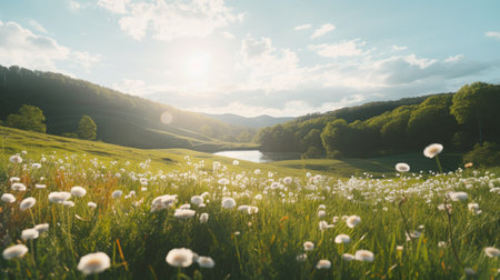 small grasses surround a grassy field, creating a dreamy landscape reminiscent of light-filled mountainous vistas. the sunrays shining upon it enhance the ethereal beauty. this scene captures the essence of nature with flower motifs and promotes environmental awareness. shot on agfa vista film, it showcases the delicate balance between human and natural elements. ai generatedの素材
