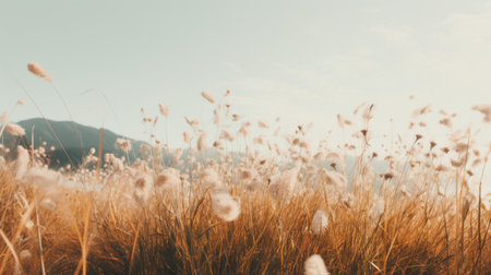 a field of dry grass and mountains near, captured in dreamy romanticism style with vintage aesthetics. this 8k resolution photograph showcases flower and nature motifs, using schlieren photography to create a unique visual effect. the image beautifully captures the essence of nature, with a light white and amber color palette. ai generatedの素材