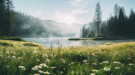 a serene lake nestled amidst majestic mountains and a lush forest, set against a backdrop of vibrant green grass. this atmospheric and dreamy photograph captures the beauty of nature in 8k resolution. the schlieren photography technique adds a touch of mystique to the scene, creating a cute and dreamy ambiance. delicately rendered landscapes, shrouded in mist, evoke a sense of romance and enchantment. ai generatedの素材