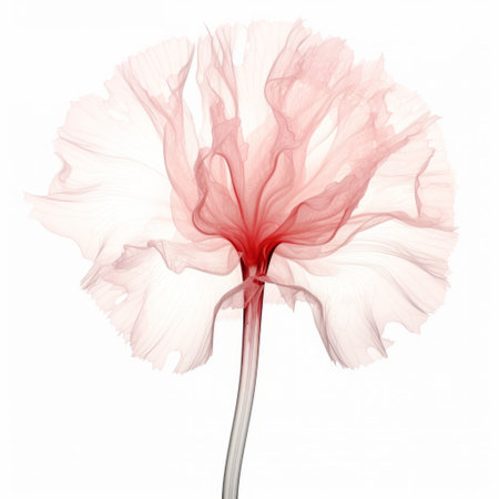 a pink daisy-shaped flower, resembling an x-ray film, is showcased on a white background. this art nouveau-inspired photograph captures the organic flow of lines, with a touch of large-scale photography. the combination of white and red creates a striking contrast, while the realistic rendering of the human form adds depth. the flower's translucent layers appear creased, crinkled, and wrinkled, adding a unique texture to theの素材