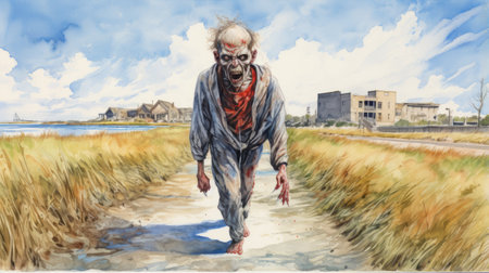 a hyperrealistic watercolor painting depicting a zombie strolling through a field. this artwork combines elements of marine life, dutch genre scenes, filthy sculptures, linear perspective, traditional street scenes, and high resolution. ai generatedの素材