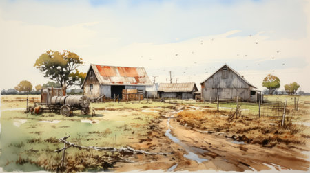 art of farms print - a stunning watercolor painting by meg barnett capturing the essence of farms. this artwork showcases a frontal perspective, using the zeiss planar t* 80mm f/2.8 lens and fujifilm fp-100c film. the ink-washed technique, inspired by william whitaker, adds expressive and captivating details to the piece. raymond briggs' influence can also be seen in the composition. ai generatedの素材