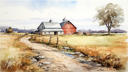 a watercolor painting by noah bradley depicting a country farm with a path and trees. this sketched illustration showcases a realistic and hyper-detailed style, capturing the essence of rural america. the image is in uhd quality, with richly detailed genre paintings in silver and red tones. the composition is both sparse and simple, creating a captivating portrayal of a serene countryside scene. ai generatedの素材