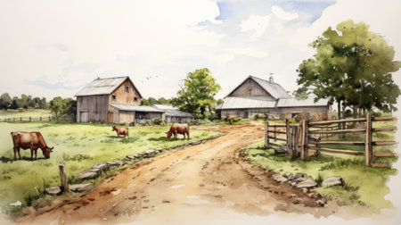 art of farms print - a stunning watercolor painting by meg barnett capturing the essence of farms. this artwork showcases frontal perspective and is created using the zeiss planar t* 80mm f/2.8 lens and fujifilm fp-100c film. the ink-washed technique, inspired by william whitaker and raymond briggs, adds expressive and captivating elements to the piece. ai generatedの素材