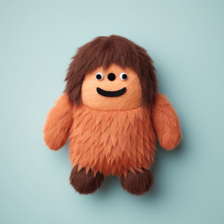 a soft animal plush doll, in dark brown and orange, is animated on a blue background. this object portraiture specialist style animation captures the essence of norwegian nature. the full body of the plush doll is beautifully portrayed, showcasing human emotions. shot with the sigma 85mm f1.4 dg hsm art lens. ai generatedの素材