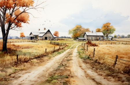 art of farms print - this stunning watercolor painting by meg barnett captures the essence of farms in a unique and expressive way. with a focus on frontal perspective, the artwork showcases the beauty of rural landscapes. created using the zeiss planar t* 80mm f/2.8 lens and fujifilm fp-100c film, the ink-washed technique adds depth and texture to the piece. inspired by the works ofの素材