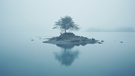 a lone tree stands on an island amidst the vast sea, exuding an ethereal transparency. this japanese-inspired imagery captures the essence of nature in a national geographic photo, with its light indigo and dark bronze hues. the atmospheric woodland imagery, in shades of gray and cyan, is enhanced by the high-key lighting. ai generatedの素材