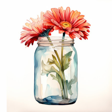 two vibrant pink and red flowers are beautifully captured in this watercolor illustration. the flowers are arranged in a mason jar, creating a charming and rustic feel. the style of the illustration is inspired by optical illusions, adding a unique twist to the artwork. created by the talented artist marguerite blasingame, the flowers are depicted in shades of dark orange and light cyan, creating aの素材