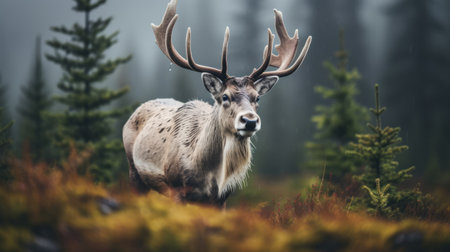 a stunning photo of canadian caribou captured in the midst of a bokeh-filled background. the overcast weather provides perfect lighting for this shot, highlighting the intricate details of these majestic creatures. aim for a high resolution of at least 32k to fully capture the beauty of the caribou. ai generatedの素材