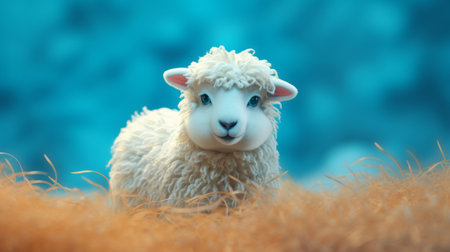 a white sheep peacefully grazing on lush green grass under a dramatic dark sky. this hyperrealistic image, created using cinema4d, captures the dreamy and cute essence of the scene. the sheep stands out with its fluffy white coat against the contrasting backdrop. the intense close-ups highlight the intricate details of this felt creation, made to resemble a plastic marine life sculpture in light yellow andの素材