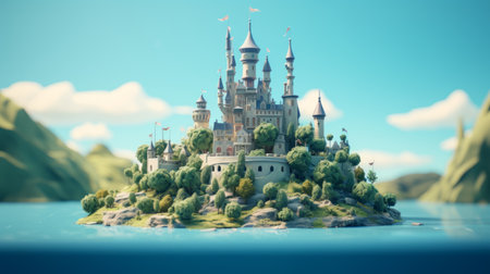 a cartoon castle on an island surrounded by water is depicted in this 3d animation wallpaper stock icon. the artwork showcases intricate character designs and photo-realistic landscapes, creating a dappled and inventive visual style. with playful storytelling and intricate details, this 32k uhd image is truly captivating. ai generatedの素材