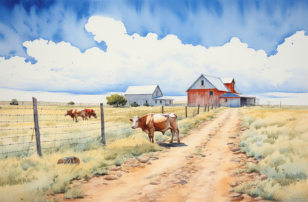 watercolor painting of a farmhouse surrounded by cows on a road, set against a stippled grass background. the artwork showcases the style of monolithic structures with precisionist lines, featuring a light sky-blue and red color palette. captured in a panoramic scale, this piece beautifully portrays vernacular architecture. shot using a pentax 645n camera. ai generatedの素材