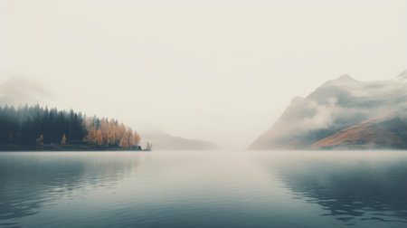 a stunning 8k wallpaper featuring a serene lake surrounded by mist-covered mountains. the light cyan and amber color palette creates a muted and tranquil atmosphere. captured by nicolas bruno, this photograph evokes a sense of quiet contemplation with its tightly composed scenes and ghosting effect. ai generatedの素材