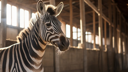 a zebra sitting in a stable, captured in the style of backlit photography. this image showcases vray tracing and precisionism influence, highlighting the zebra's detailed facial features. the innovative techniques used in this close-up shot create a visually compelling narrative-driven visual storytelling experience. ai generatedの素材