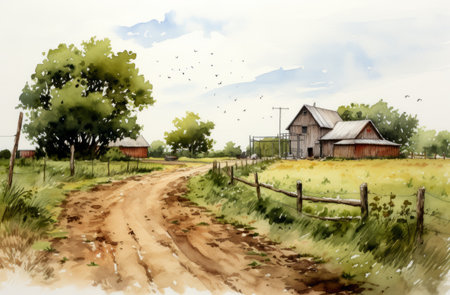 a watercolor drawing of a farm, featuring a field and a smith barn. this realistic genre scene is depicted in the style of prairiecore and environmental portraiture. the illustration captures the grandiose environments often seen in xbox 360 graphics. ai generatedの素材