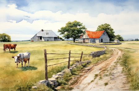 a realistic watercolor painting capturing the essence of rural america. this landscape features a field with cattle grazing peacefully, a charming house in the background, and rough hewn surfaces. the silver and orange hues create a striking contrast, while the harsh angles add a touch of dynamism. rendered with hyper-detailed precision, this artwork showcases the artist's skill and the beauty of the countryside. ai generatedの素材