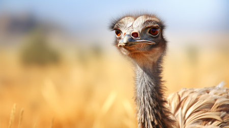 a bird perched on grass, showcasing african influence in its style. this desertpunk-inspired national geographic photo captures the bird's exaggerated facial features, framed distinctly against a backdrop of light navy and amber hues. the image evokes a sense of a scorching heatwave. ai generatedの素材