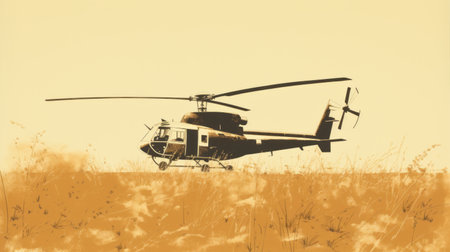 a vintage-style sepia-toned photograph captures a helicopter with two visors gracefully landing on a lush green hill. the image showcases elements of stencil and spray paint art, reminiscent of the farm security administration aesthetics. the minimalist sketches and realistic details add depth to this 8k resolution image, evoking the artistic style of range murata. ai generatedの素材