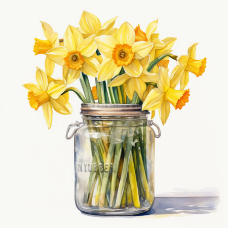 yellow daffodils in a mason jar, captured in a hyperrealistic style reminiscent of david brayne's illustrations. these realistic watercolor paintings showcase high levels of detail and meticulous rendering. the flat composition adds a unique touch to the artwork, reminiscent of the style of hale woodruff. ai generatedの素材