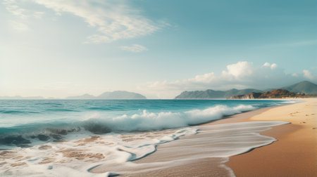 a dreamlike, nature-inspired scene of a white beach with crashing waves. the cyan and beige tones create a serene atmosphere, reminiscent of mediterranean landscapes. the golden light adds a touch of warmth to this matte painting, perfect for landscape inspirations and nature enthusiasts. ai generatedの素材