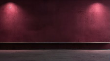 a 3d rendering of a pink wall adorned with two spotlights in the center and a wooden shelf. the style of the wall is a combination of dark silver and dark maroon, reminiscent of a ballet academia. the wall is decorated with large canvas paintings, showcasing contemplative minimalism. the polished concrete adds a touch of modernity, while the dark red and violet hues evoke aの素材