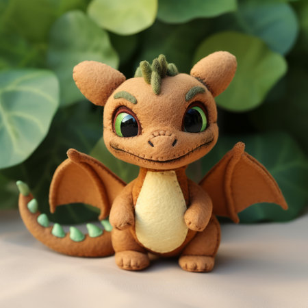 a small toy dragon, crafted in a cute and colorful style, is placed next to a tree in a photorealistic pastiche. the dragon features light brown and light black hues, giving it a dreamy appearance. this artgerm and craftcore inspired creation adds a touch of whimsy to the scene, while the use of rtx technology enhances its visual appeal. ai generatedの素材