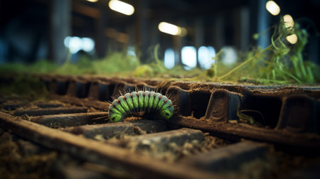 a green cater beetle perched on a train track, capturing the essence of industrial horror. this photograph, inspired by the dusseldorf school of photography, showcases the unique aesthetics of industrial machinery. shot with a zeiss batis 18mm f2.8 lens, it presents an indoor still life that tells a colorful story, with the beetle seemingly made of intertwining vines. ai generatedの素材