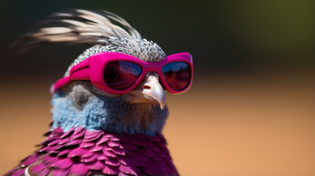 a pigeon wearing pink sunglasses, showcasing a futuristic and edgy style, is captured in this wild and daring national geographic photo. the spiky mounds in the background add a bold and bright element to the image. shot with a rodenstock imagon 300mm f5.8 lens, the photo appears almost 3d. ai generatedの素材