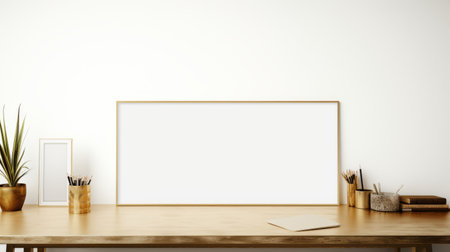 a blank frame hangs on a wooden desk adorned with a potted plant. this minimalist stage design, inspired by classic japanese simplicity, features a white and gold color scheme. the frame is in the style of 8k resolution, showcasing the attention to detail. the study place exudes a serene ambiance with its use of screen tones. ai generatedの素材