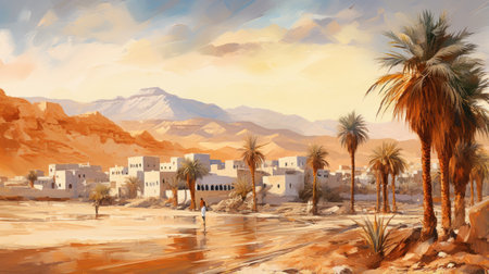 a vibrant painting capturing the essence of palm trees in the desert, reminiscent of 2d game art. the artwork showcases highly detailed cityscapes, historical illustrations, and firecore elements. it also features intricate character illustrations, inspired by the leica r3 camera. the mediterranean landscapes add a touch of serenity to this visually captivating piece. ai generatedの素材