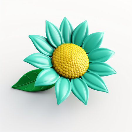 bright blue flower on elegant background, featuring hard surface modeling. dark green and yellow accents complement the cute cartoonish designs. the glossy rubber material adds a light turquoise touch, making the flower smooth, shiny, and eye-catching. ai generatedの素材