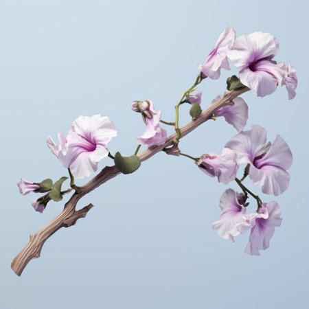 lismore safflower: a stunning 3d flower, resembling cherry blossoms, delicately adorns branches in a beautiful violet shade. this conceptual minimalistic composition draws inspiration from the hyperrealistic compositions of artists like rosalba carriera and patricia piccinini. the pastel colors add a touch of serenity to this minimalistic masterpiece. ai generatedの素材