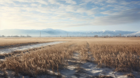 a wheatfield stretches across the foreground of the image, with majestic mountains looming in the background. the cold and detached atmosphere of the scene evokes post-apocalyptic landscapes. this uhd image captures the rugged terrain of northern china, showcasing industrial landscapes. the subtle atmospheric perspective adds depth, while the grit and grain enhance the overall aesthetic. ai generatedの素材