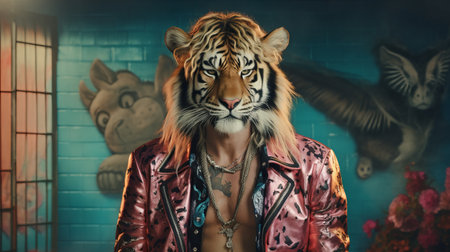 a male tiger in modern punk fashion attire, sporting a surreal, long, and exaggerated hairstyle, is captured in a photograph. the tiger is seen laughing uproariously, with eyes closed, exuding extreme happiness. the image features a retro color striped background reminiscent of wes anderson's style, enhanced by profoto lighting. this vibrant and cinematic illustration is in 8k resolution, perfect for advertising purposes. ai generatedの素材